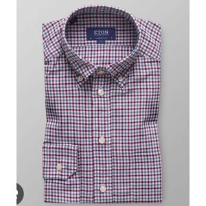 Eton 42 slim 16 1/2 red blue plaid button down shirt